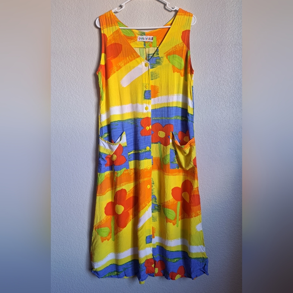 Jams World Vintage Bright Colorful Yellow Button Front Midi Dress With Pockets M